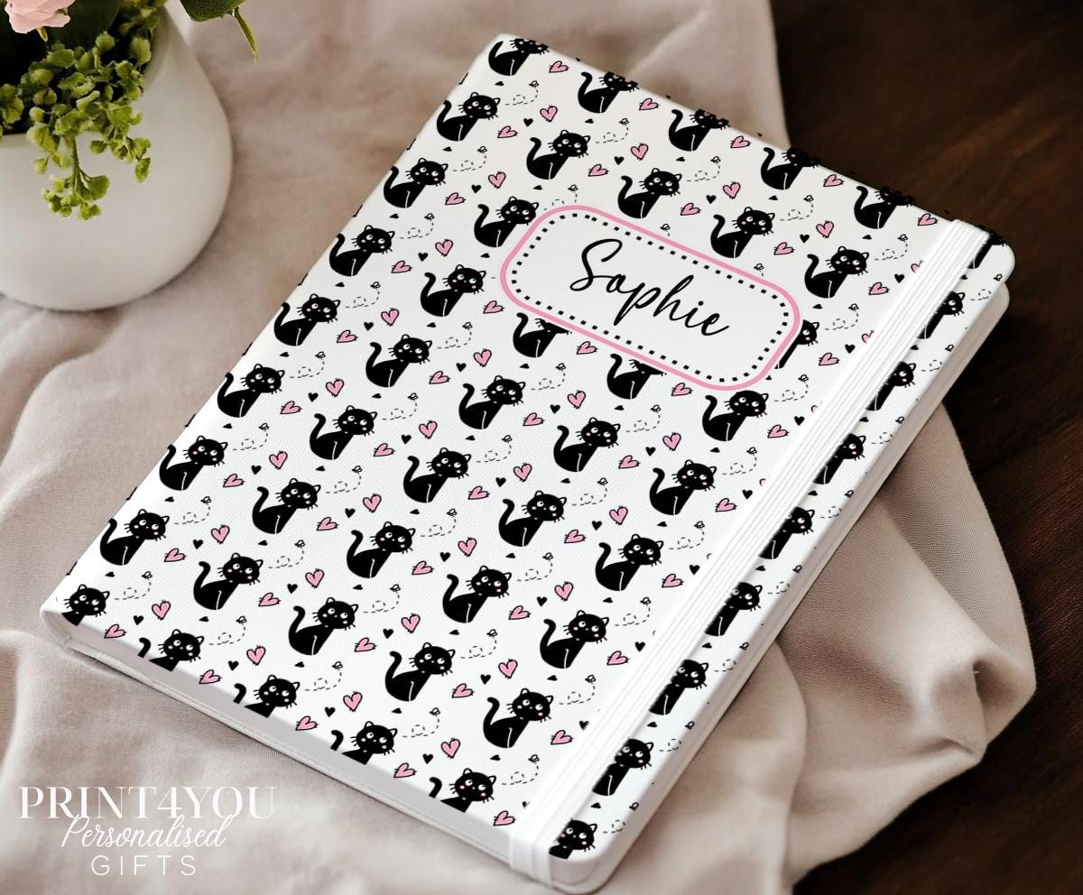 Personalised black cat notebook front cover with cat and heart pattern design and custom name