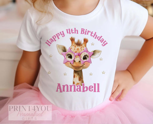 Personalised Giraffe Birthday Shirt – Custom Name T – Shirt For Girls – Soft Cotton Tee - 6-12 months