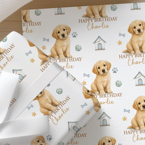 Personalised Dog Wrapping Paper, Golden Retriever Birthday Gift Wrap