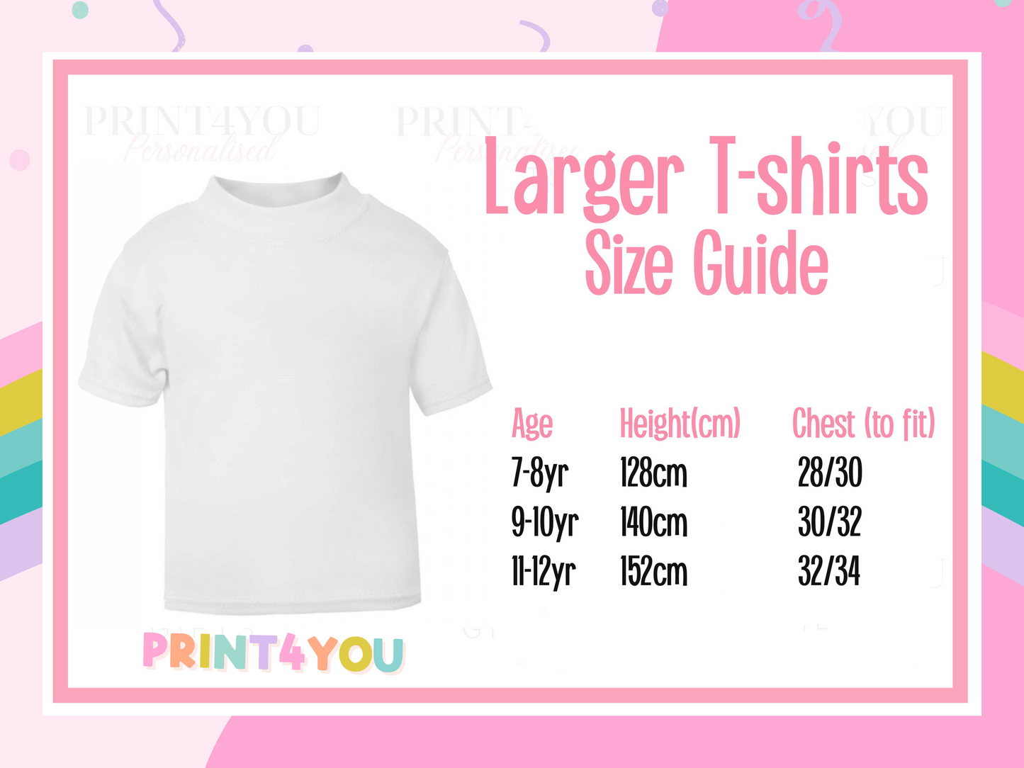 Size guide for larger kids' t-shirts showing height and chest measurements, 7-8 to 11-12 years