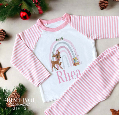 Personalised Pink & White Striped Children's Christmas Pyjamas - Rainbow Reindeer