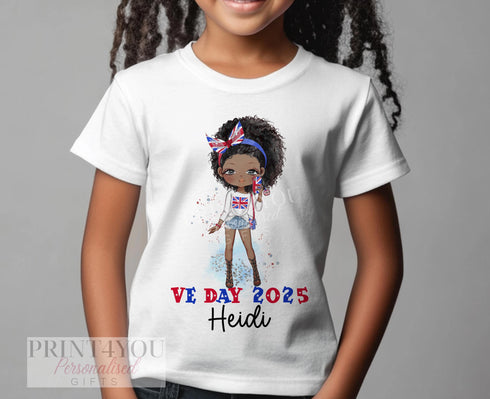 Personalised VE Day 2025 Girls T-Shirt with Custom Name Hair Skin Tone Soft Cotton Union Jack Design Ages 0-12