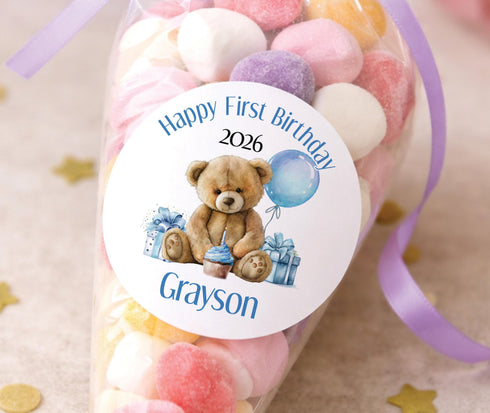 Personalised Birthday Stickers – Blue First Birthday Labels – Custom Name & Age Teddy Bear Decals - Strips (5cm each)