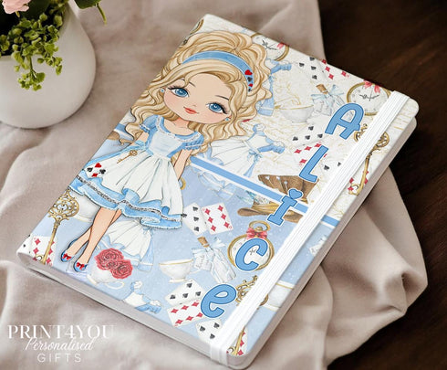 Personalised Alice in Wonderland Notebook for Girls Custom PU Leather Journal with Lined Pages 6 Character Styles Perfect Gift