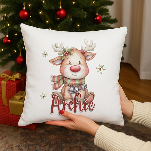 Personalised Christmas Reindeer Cushion with Name | Festive Gift