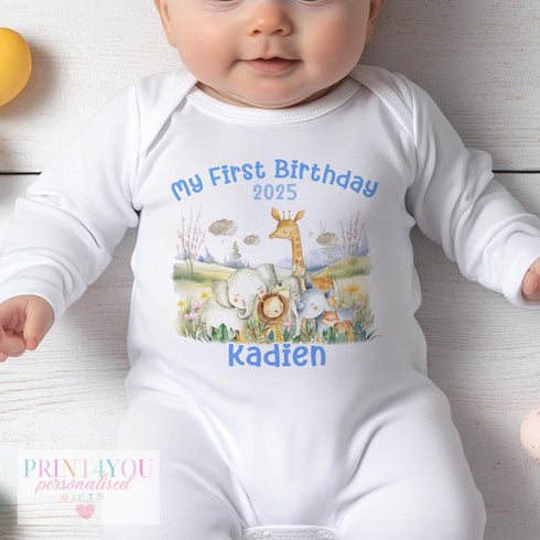 Personalised Safari Animal First Birthday Outfit Choice of Pink or Blue T-Shirt Vest Sleepsuit Bib PJs Unique Baby Gift