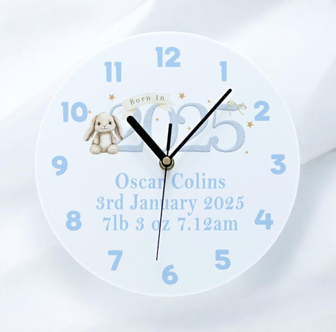 Personalised Acrylic Clock for New Baby Blue Bunny Rabbit Nursery Decor Perfect Gift for Boys Born in 2025 24.5cm Wide