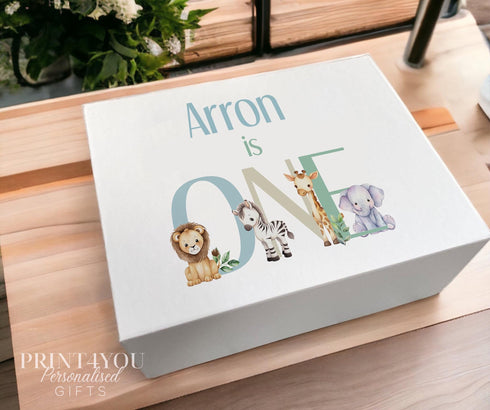 Personalised First Birthday Keepsake Box Safari Animals, Baby Memory Box, Magnetic Gift Box, Pastel Safari “Is One” Birthday Box