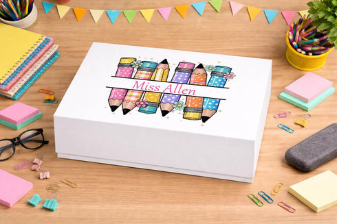 Personalised Teacher Keepsake Box – Colourful Pencil Design – Custom Memory Storage Gift - Medium 16x20x8 cm Centimeters