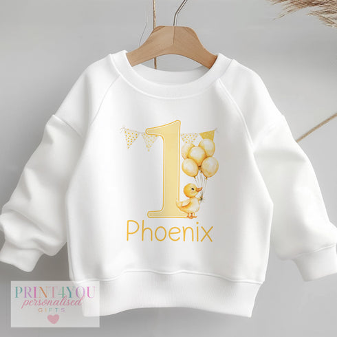Personalised First Birthday Jumper, Birthday Sweatshirt for Children, I am One, Yellow Balloon Duck Jumper