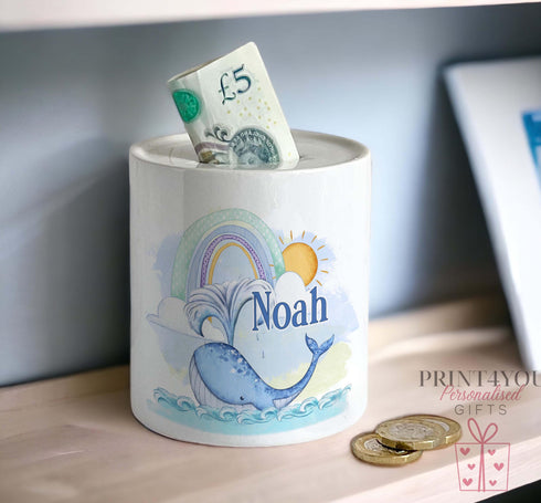 Personalised Ceramic White Money Box Coin Bank - Whale and Rainbow