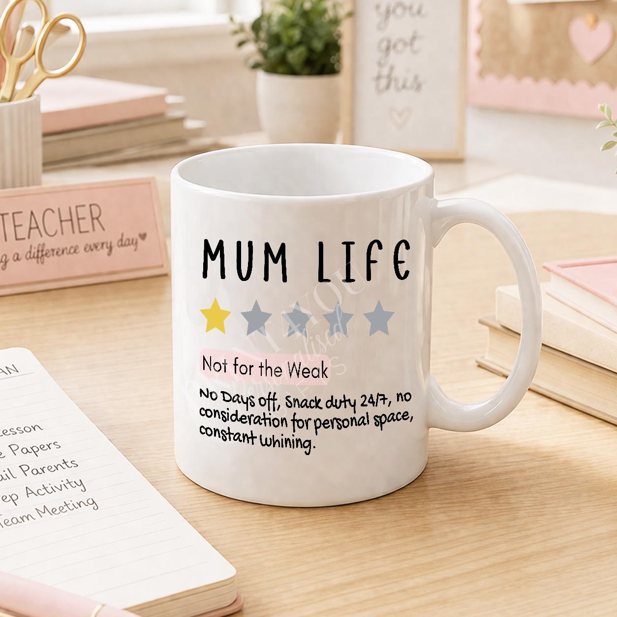 Close-up of the funny mum life design printed on the mug