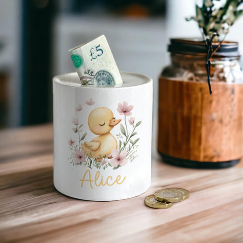 Personalised Ceramic White Money Box Coin Bank - Cute Nursery Duck with flowers and name