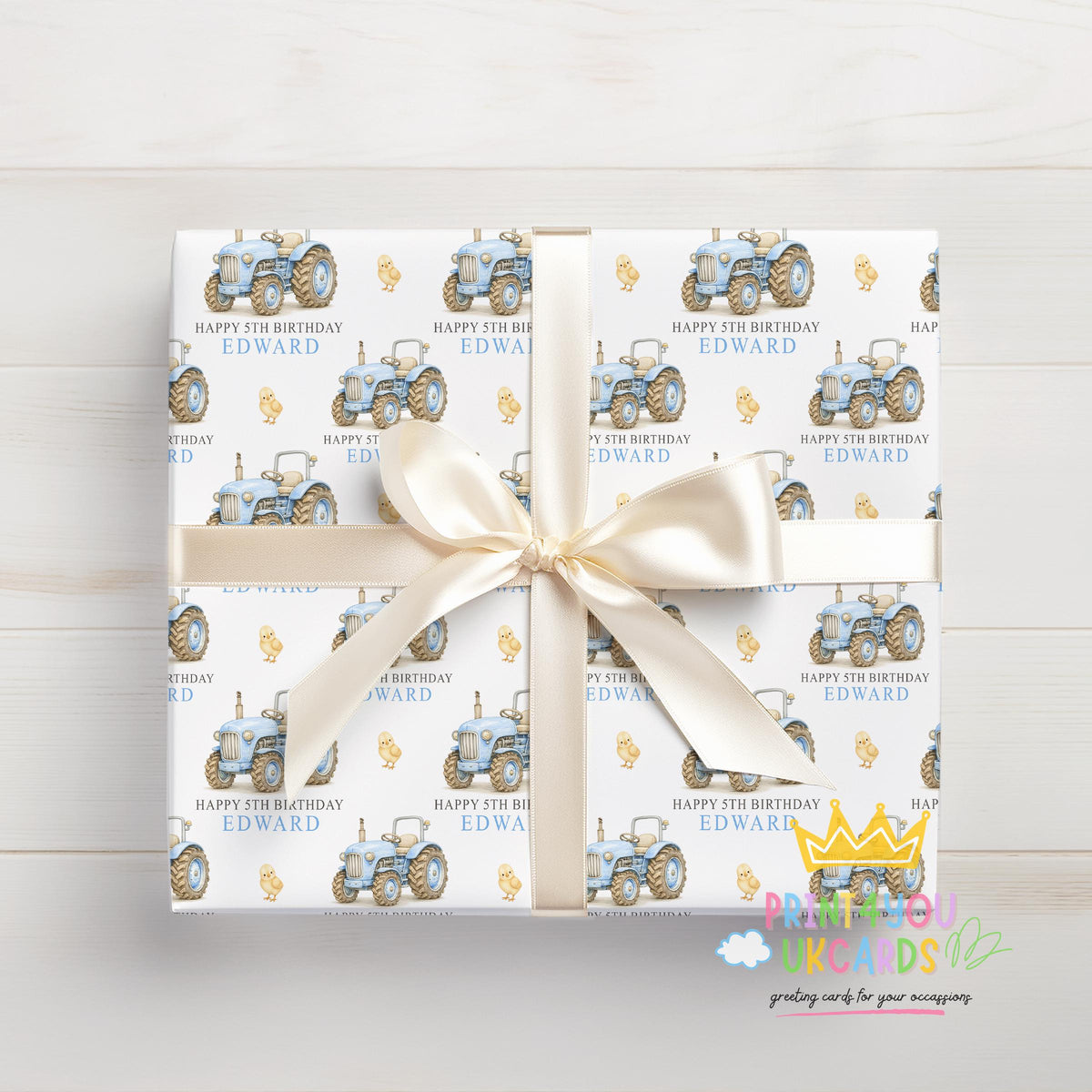 Personalised blue tractor birthday wrapping paper printed to order