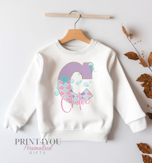 Personalised White Cotton Birthday Sweatshirt for Kids - Cute Mermaid Alphabet Design