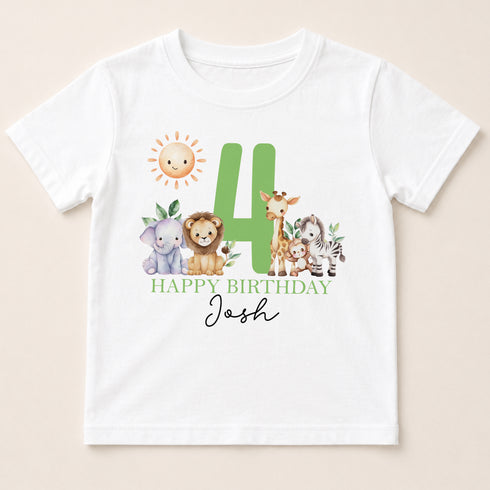 A white t-shirt with a graphic design featuring a large number 4 surrounded by various animals, including a lion, giraffe, zebra, and elephant. The text below the graphic reads "HAPPY BIRTHDAY Josh".