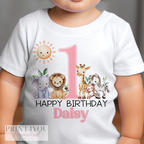 Personalised Safari Jungle First Birthday T-shirt or Sleepsuit in Blue Green or Pink - Gender Neutral for Boys and Girls