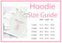a white hoodie with a personalized gift design, along with a size guide for the hoodie.