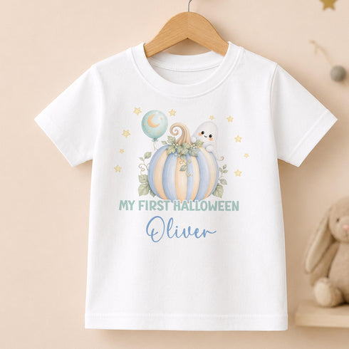 Baby First Halloween Outfit, Personalised Blue Pumpkin Sleepsuit