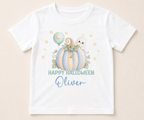 Personalised Halloween t-shirt featuring cute ghost, blue pumpkin, moon balloon and custom name on white children's Halloween shirt