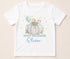 Personalised Halloween t-shirt featuring cute ghost, blue pumpkin, moon balloon and custom name on white children's Halloween shirt