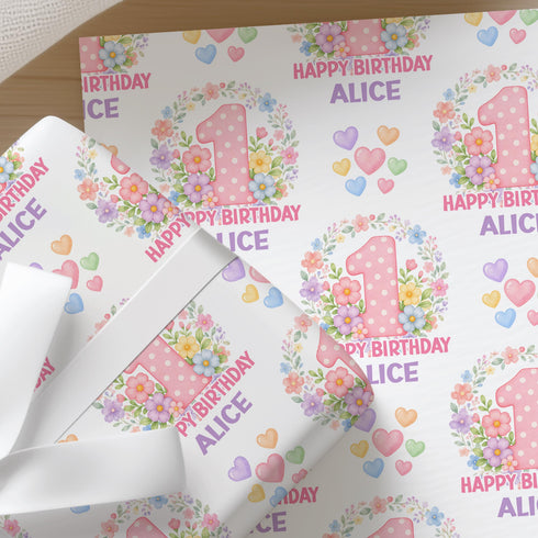 Personalised Birthday Wrapping Paper | Floral Pink Name Age Wrap