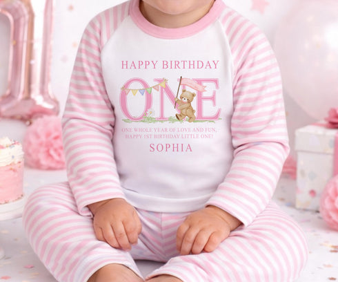 First Birthday Pyjamas – Personalised Pink Striped Soft Cotton Outfit For Girls
