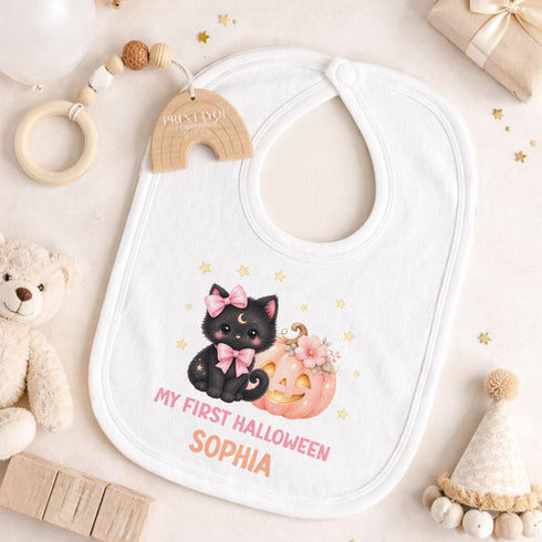 Personalised First Halloween Outfit, Baby Girl Black Cat Pumpkin Vest