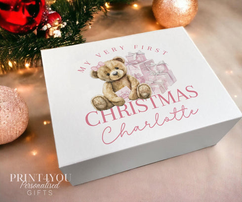 Christmas Eve Personalised Gift Box, Babies First xmas keepsake box, Magnetic closed white box, Pink Teddy Bear