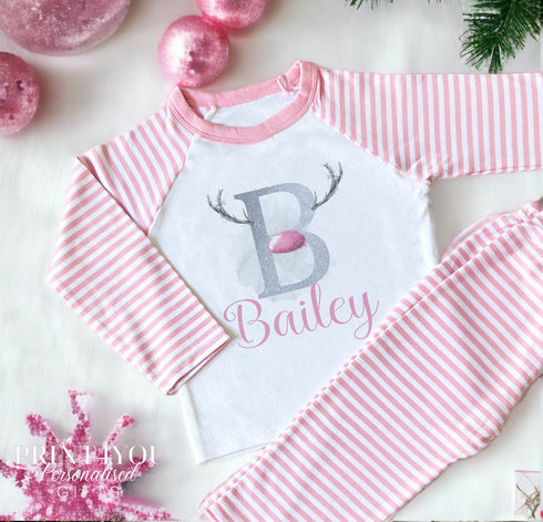 Personalised Pink & White Striped Children's Christmas Pyjamas - Antler Alphabet