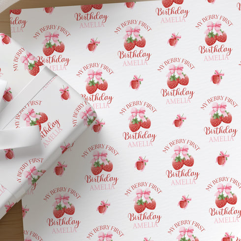 Personalised strawberry first birthday wrapping paper with custom name for baby girl 1st birthday gifts.