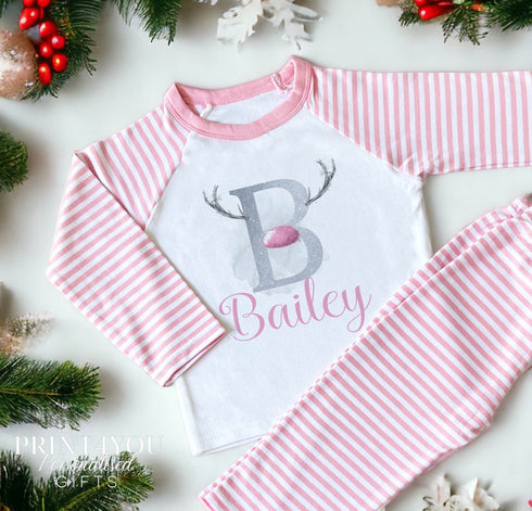 Personalised Pink & White Striped Children's Christmas Pyjamas - Antler Alphabet
