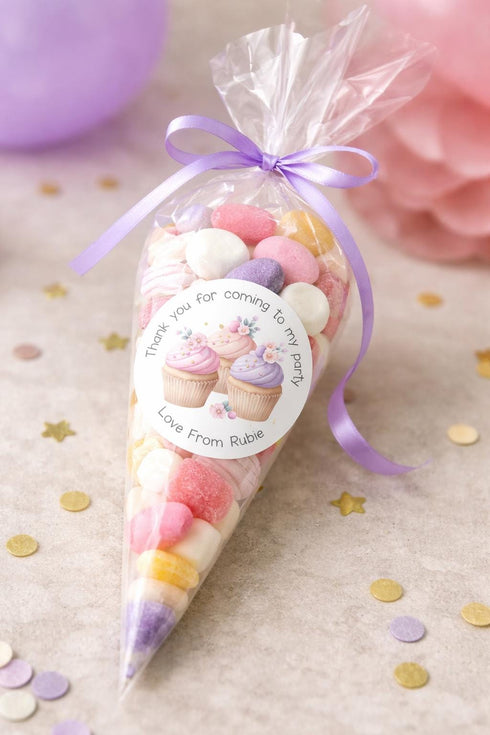 Personalised Cupcake Stickers – Cute Party Labels – Custom Name – 5cm Glossy Round - Strips (5cm each)