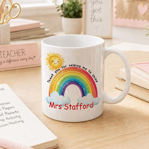 Personalised Teacher Mug – Custom Name Rainbow Design – Thank You Gift