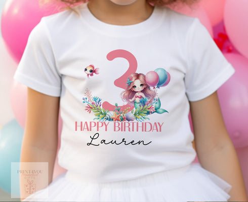 Personalised Mermaid Birthday T-Shirt ANY AGE - Cotton White Top, Any Age, White Skin Mermaid with a large printed number