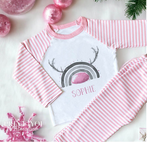 Personalised Pink & White Striped Children's Christmas Pyjamas - Rainbow Reindeer Antler