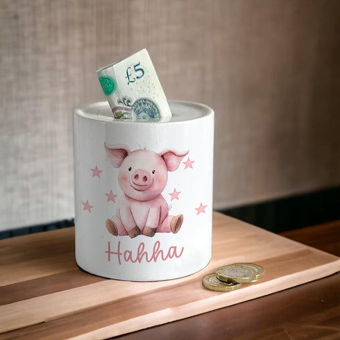 Personalised Ceramic White Money Box Coin Bank - Pink pig Piggy Piglet with name