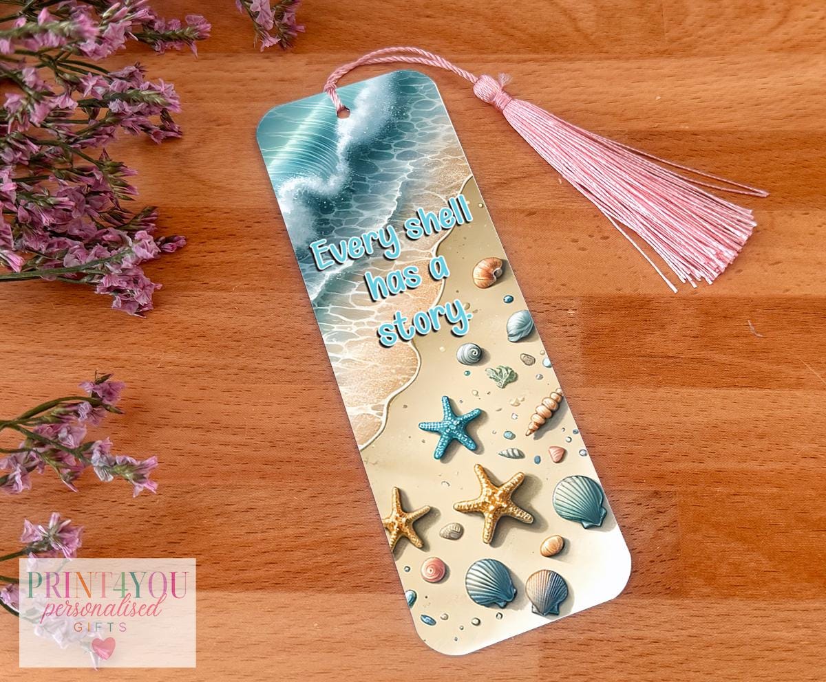 Personalised aluminium beach-themed holiday bookmark with coloured tassel and custom name