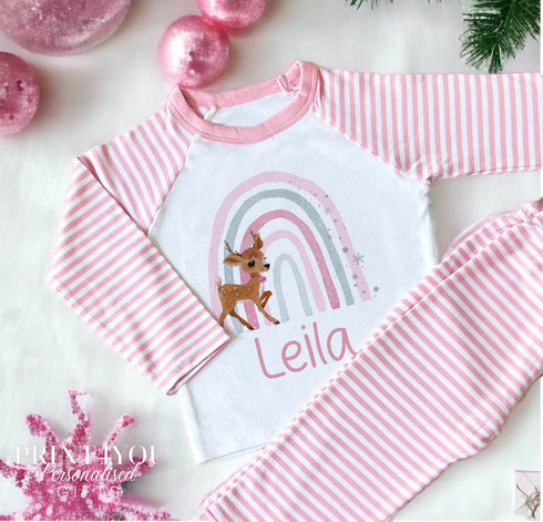 Personalised Pink & White Striped Children's Christmas Pyjamas - Rainbow Reindeer