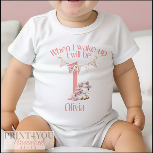 Personalised Pink Unicorn First Birthday Sleepsuit Vest - When I Wake Up I Will Be One Outfit