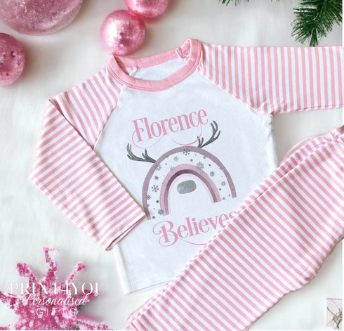 Personalised Pink & White Striped Children's Christmas Pyjamas - Rainbow Name Believes