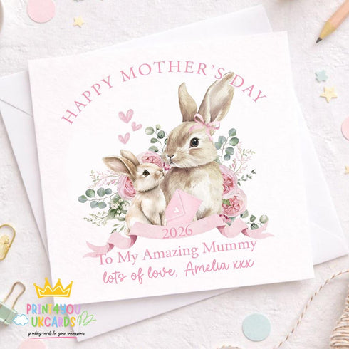 Personalised Mothers Day Card for Mummy – Pink Bunny 2026