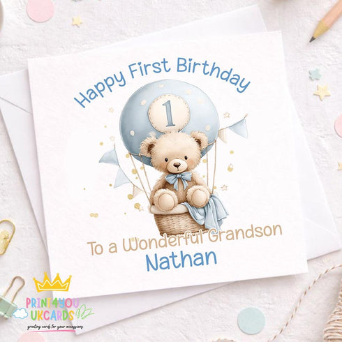 Personalised 1st birthday card with teddy bear hot air balloon design, cute blue first birthday card for any relation with custom name