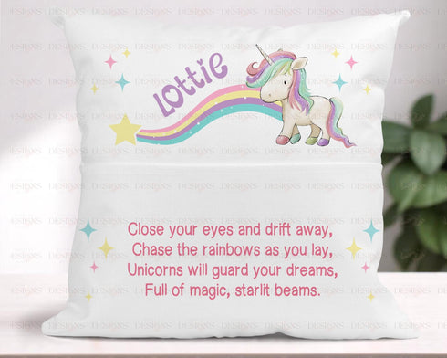 Personalised Unicorn Book Cushion Cover with Pocket for Kids Bedtime