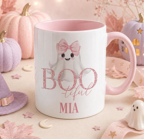 Personalised Boo-tiful Halloween ghost mug with pink bow, custom name pink Halloween coffee mug for girls and women