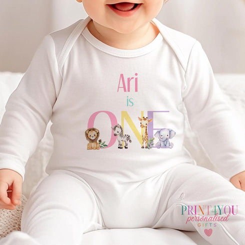 Personalised 1st Birthday Sleepsuit – Safari Animal Baby Grow With Custom Name Bodysuit