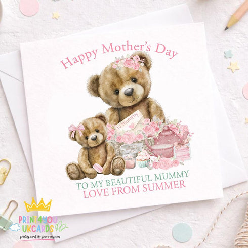 Mothers Day Card – Personalised Pink Teddy Bear With Vintage Tea Set & Keepsake