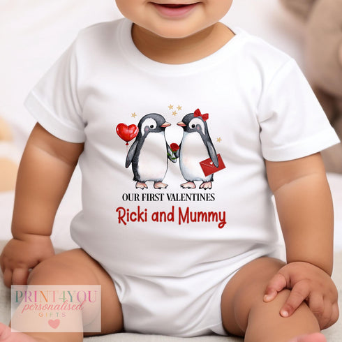 Personalised Baby Sleepsuit for 1st Valentines Day with Mummy Daddy
