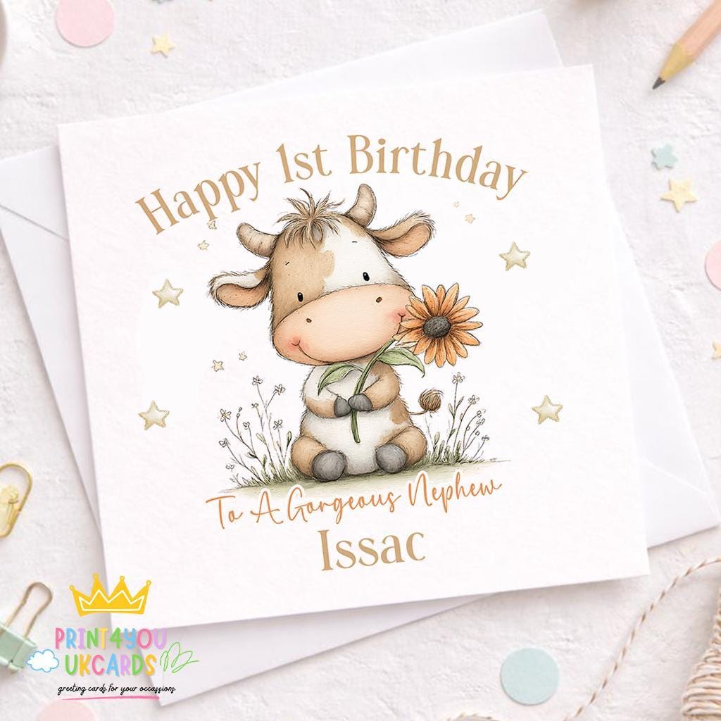 Personalised cow birthday card with floral calf farm animal design