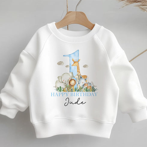 Personalised First Birthday Jumper, Birthday Sweatshirt for Children, I am One, Jungle Safari Jumper, Blue or Pink